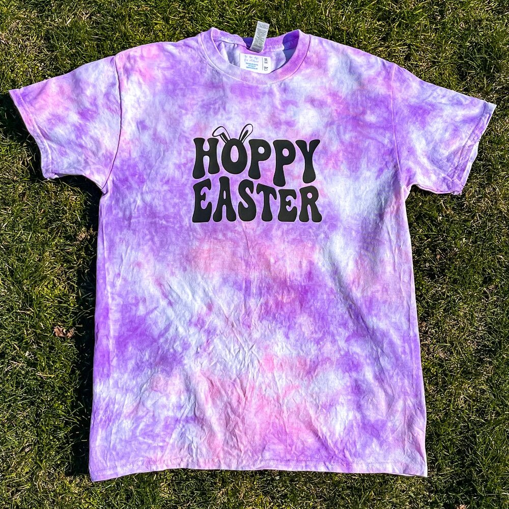 Adult Medium Hoppy Easter Pink & Purple Random Tie-Dye Short Sleeve Shirt